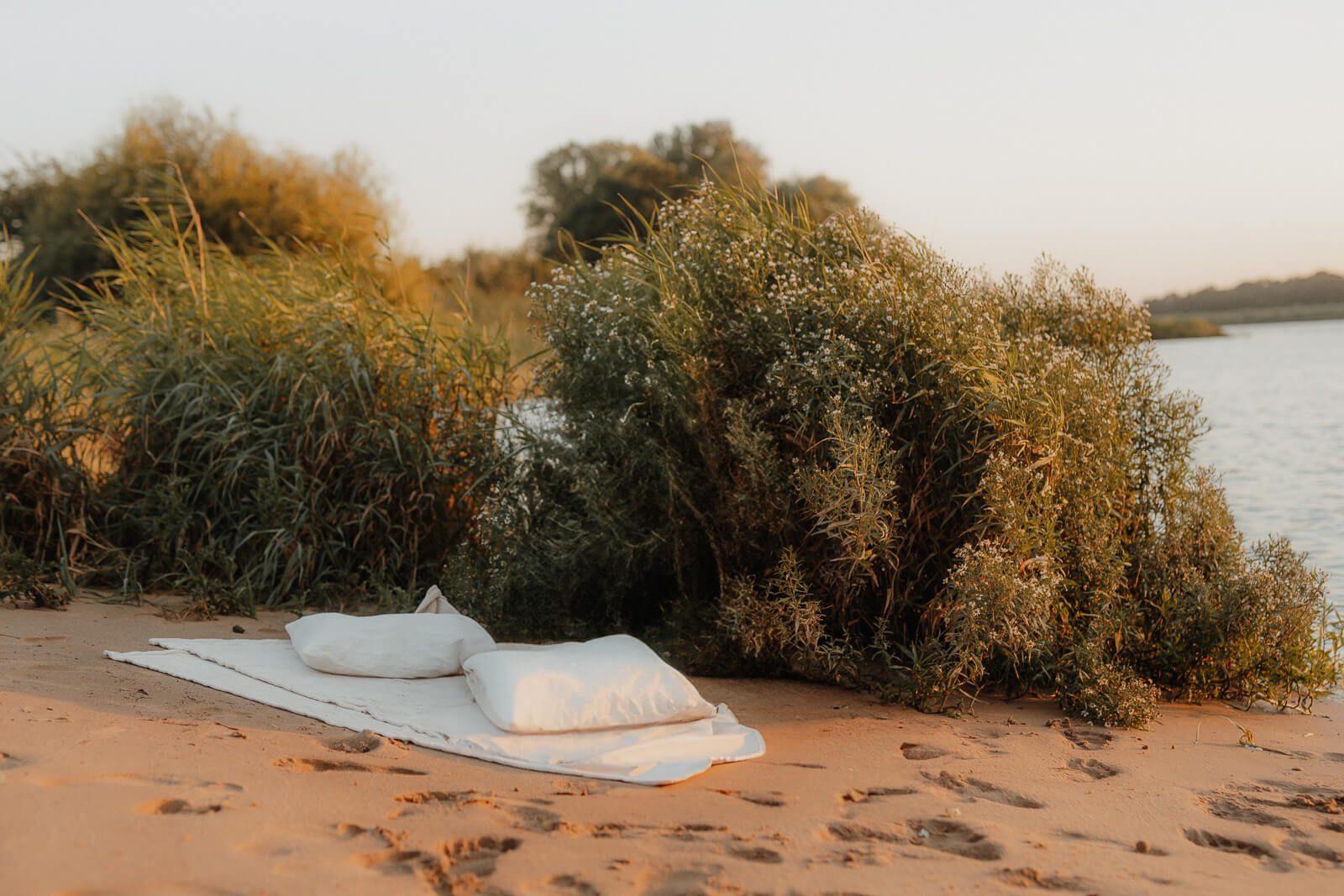 locations, strand in drage mit gruenen bueschen